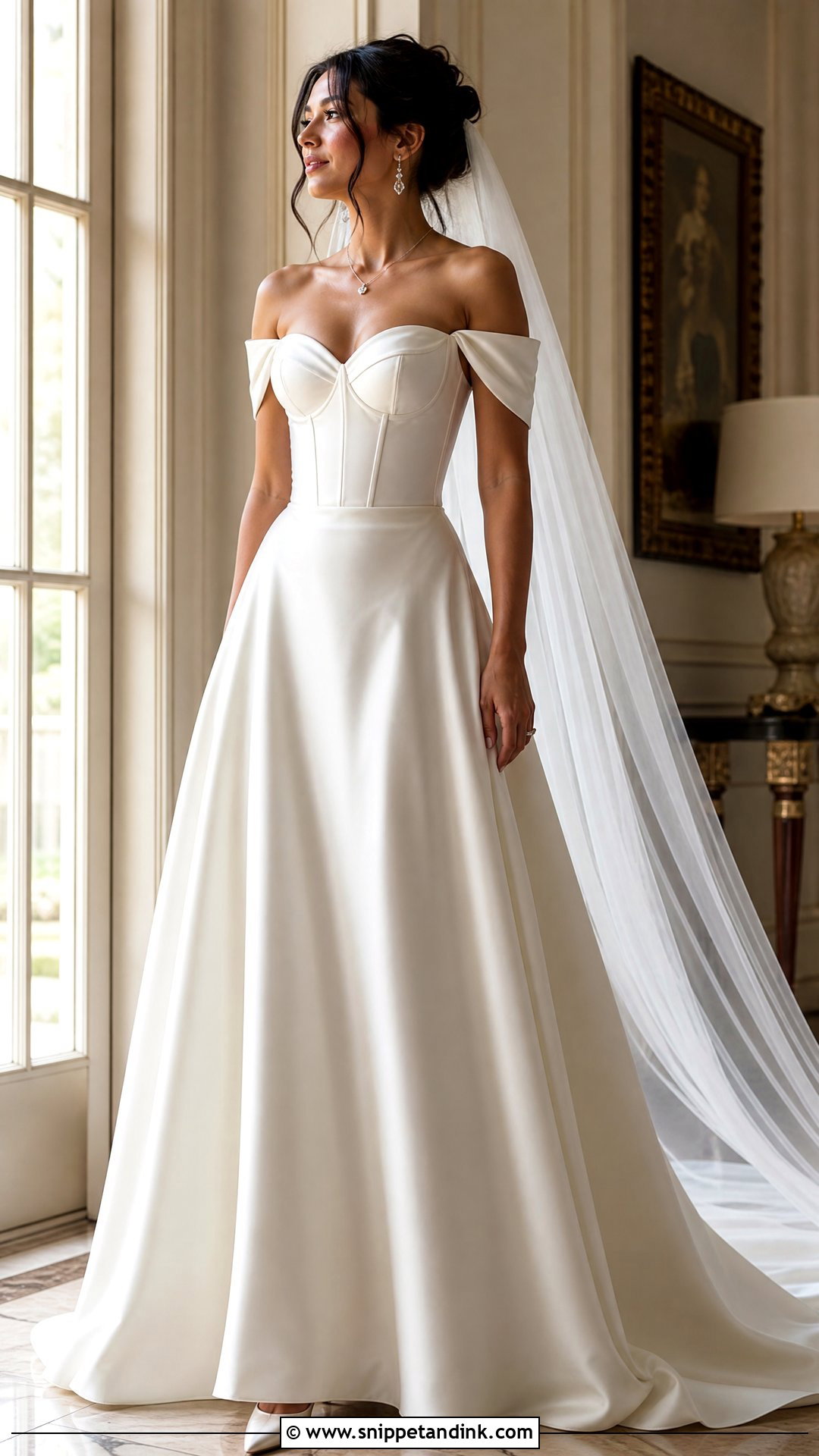Off Shoulder Wedding Corset Top With Satin Skirt - Snippet and Ink - 20 Wedding Corset Top Ideas