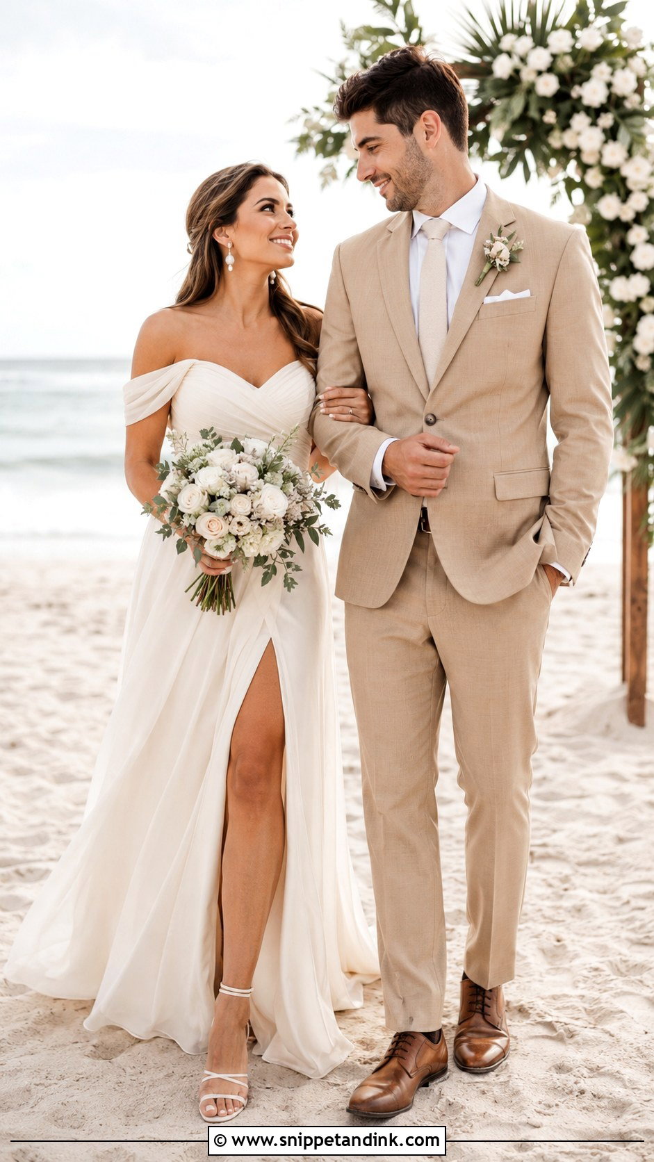 Off Shoulder Wedding Dress And Tan Suit Wedding Couple Outfit - Snippet and Ink - 25 Wedding Couple Outfits