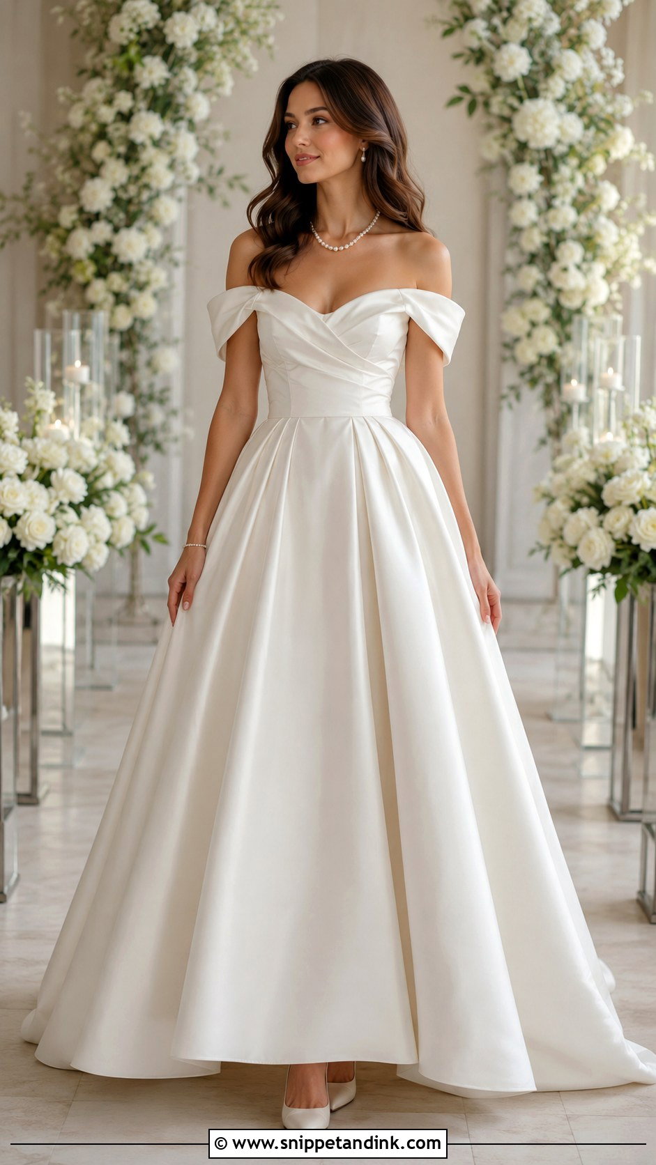 Off Shoulder Wedding Dress Ballgown With Pearl Jewelry - Snippet and Ink - 25 Extravagant Wedding Dress Ballgown Ideas