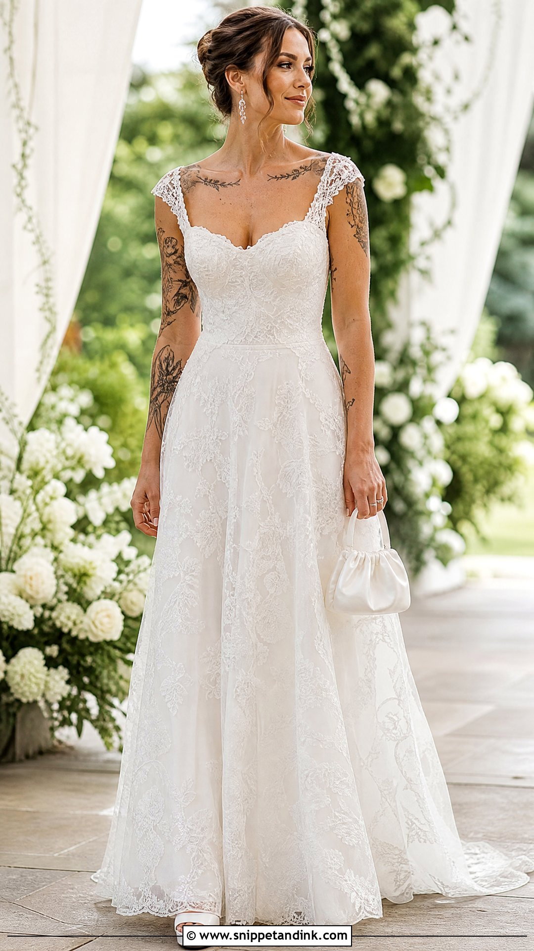 Off Shoulder Wedding Dress For Tattooed Bride - Snippet and Ink - 20 Wedding Dress with Tattoos Brides Ideas