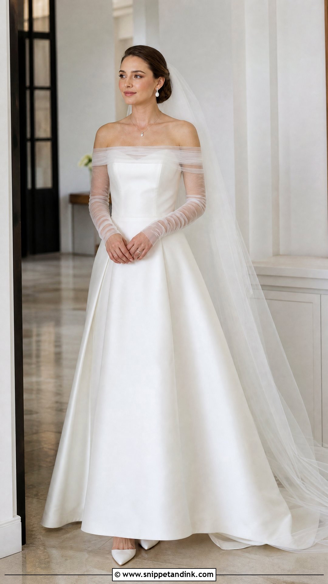 Off Shoulder Wedding Dress Topper With Satin Gown - Snippet and Ink - 20 Wedding Dress Topper Long Sleeve Ideas