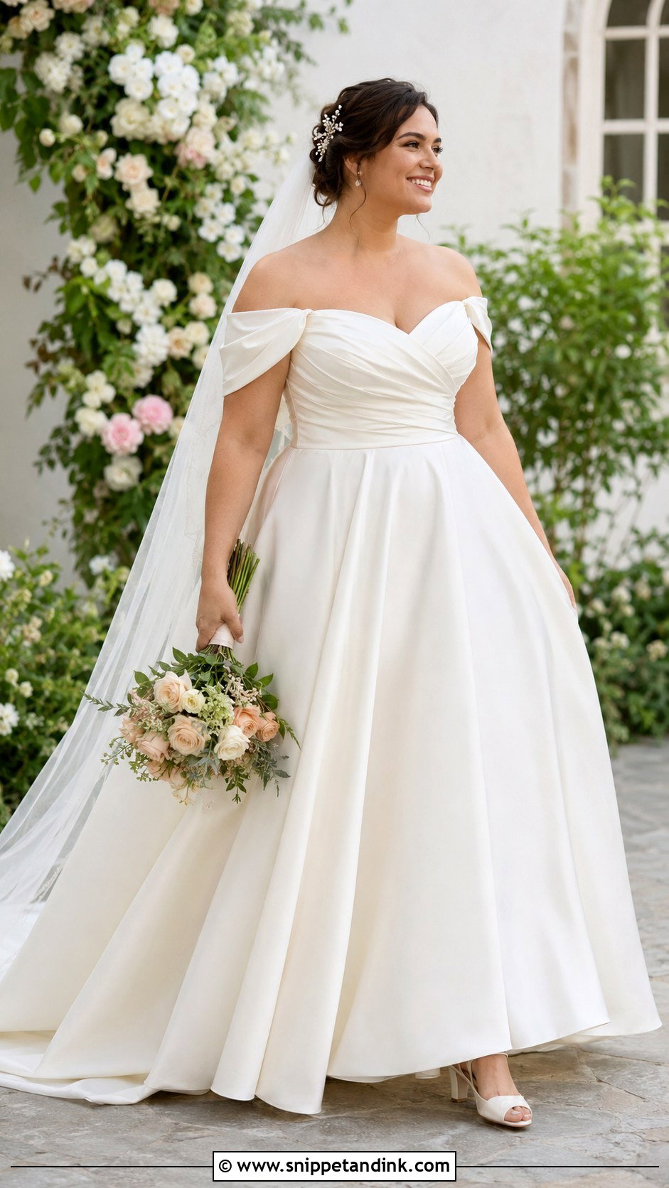 Off Shoulder Wedding Dress With A Line Skirt - Snippet and Ink - 20 Midsize Bride Wedding Dress Ideas