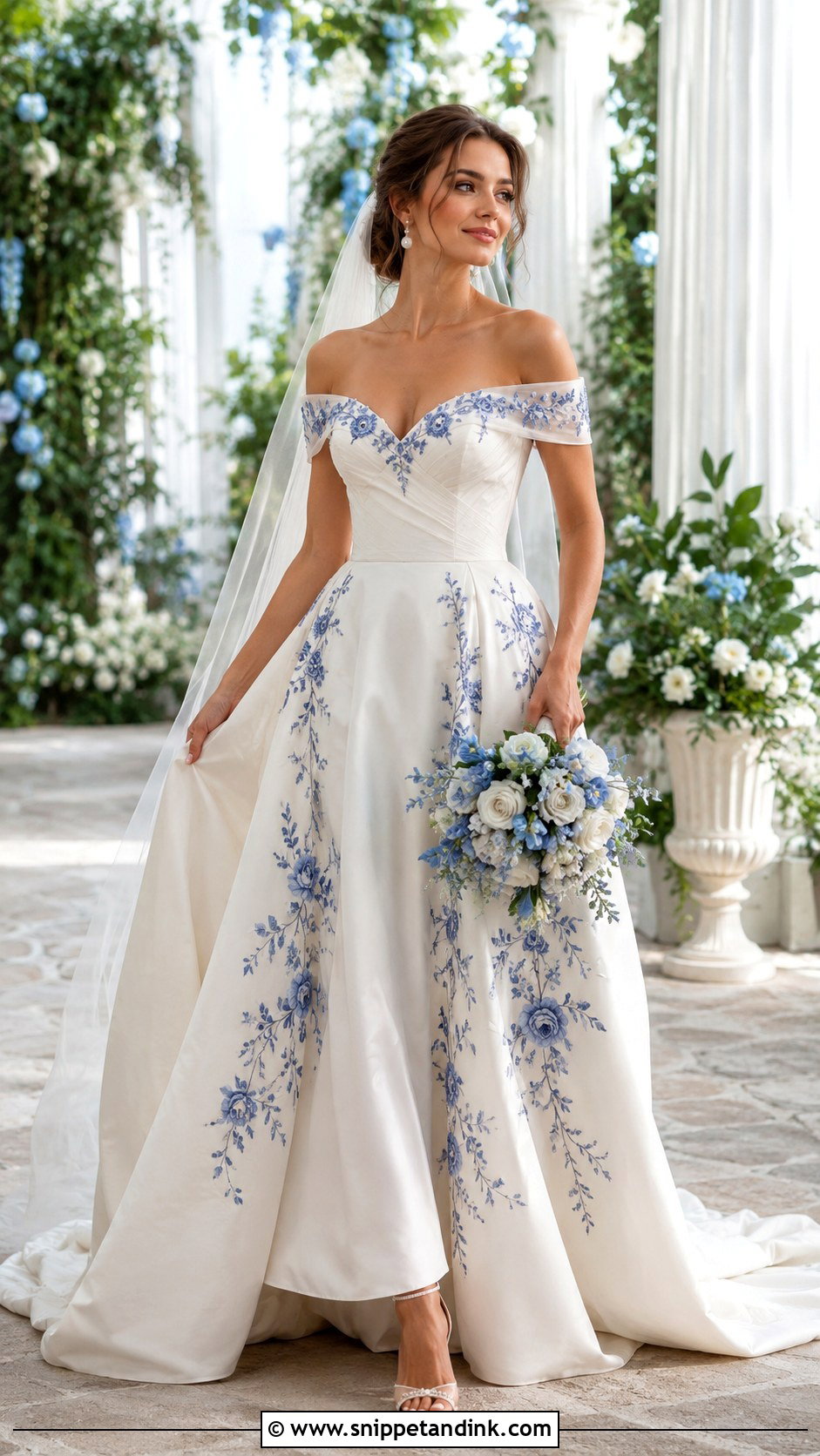 Off Shoulder Wedding Dress With Blue Flowers - Snippet and Ink - 25 Wedding Dress with Blue Accents Ideas