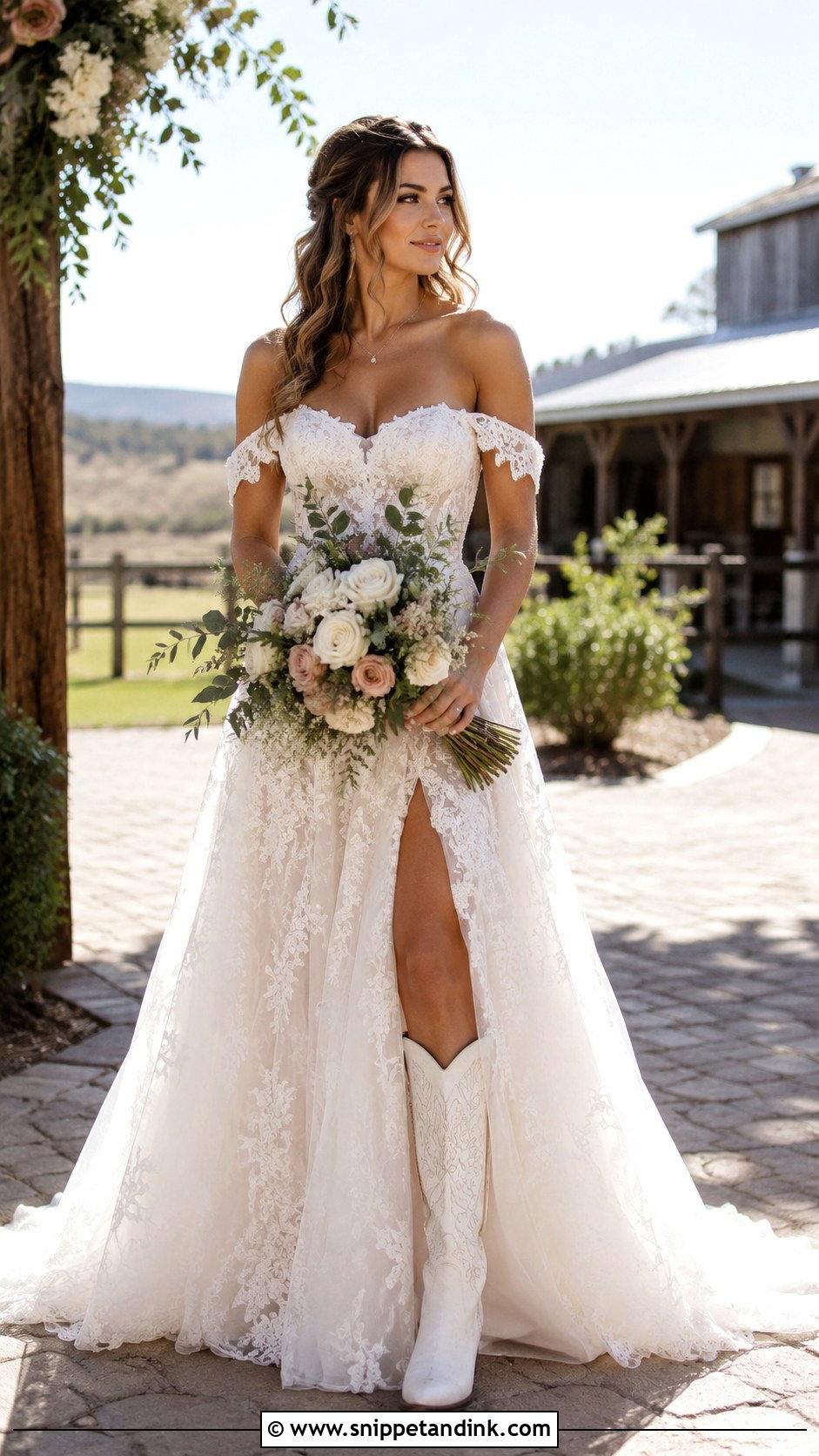Off Shoulder Wedding Dress With Boots - Snippet and Ink - 25 Country Wedding Dresses with Boots