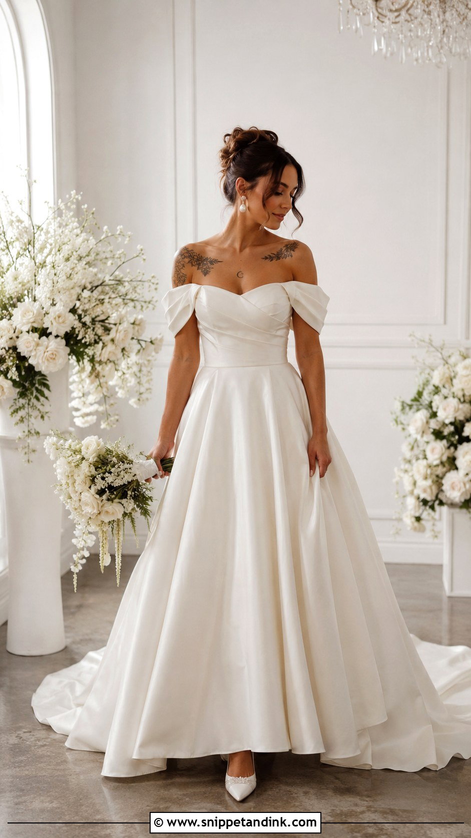 Off Shoulder Wedding Dress With Collarbone Tattoos - Snippet and Ink - 25 Wedding Dress with Tattoos Ideas