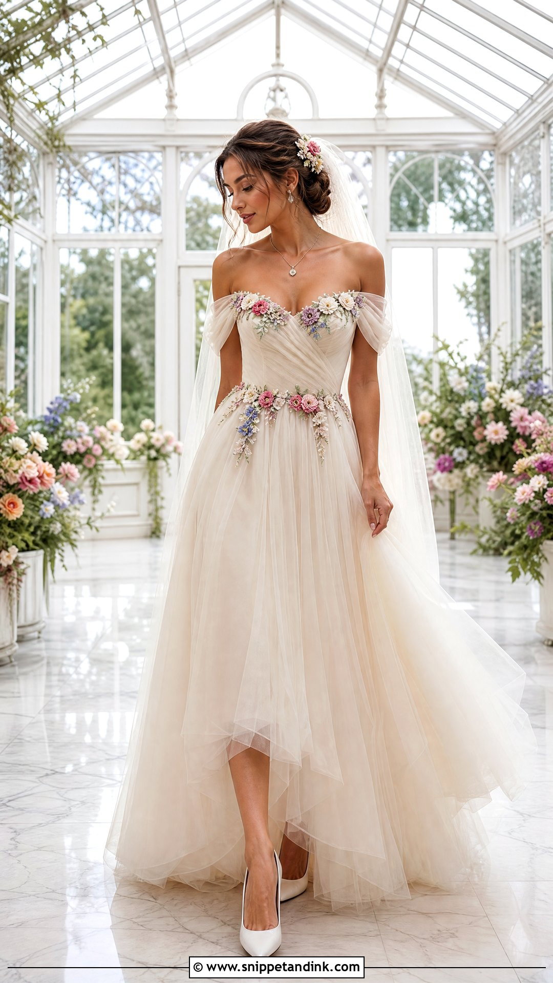 Off Shoulder Wedding Dress With Colorful Flowers - Snippet and Ink - 20 Wedding Dress with Colorful Flowers