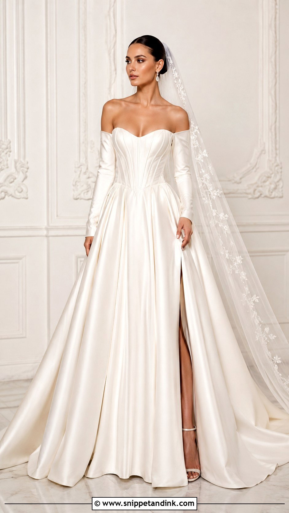 Off Shoulder Wedding Dress With Corset Bodice - Snippet and Ink - 25 Long Sleeve Off Shoulder Wedding Dress Ideas