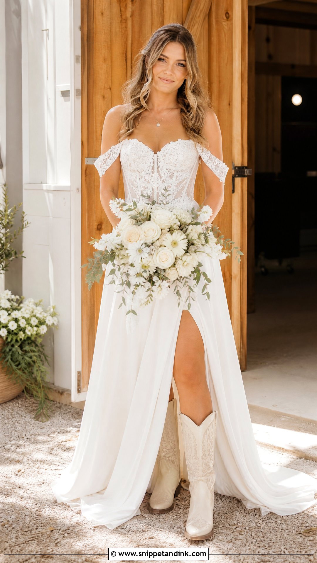 Off Shoulder Wedding Dress With Cowboy Boots - Snippet and Ink - 20 Wedding Dresses with Cowboy Boots