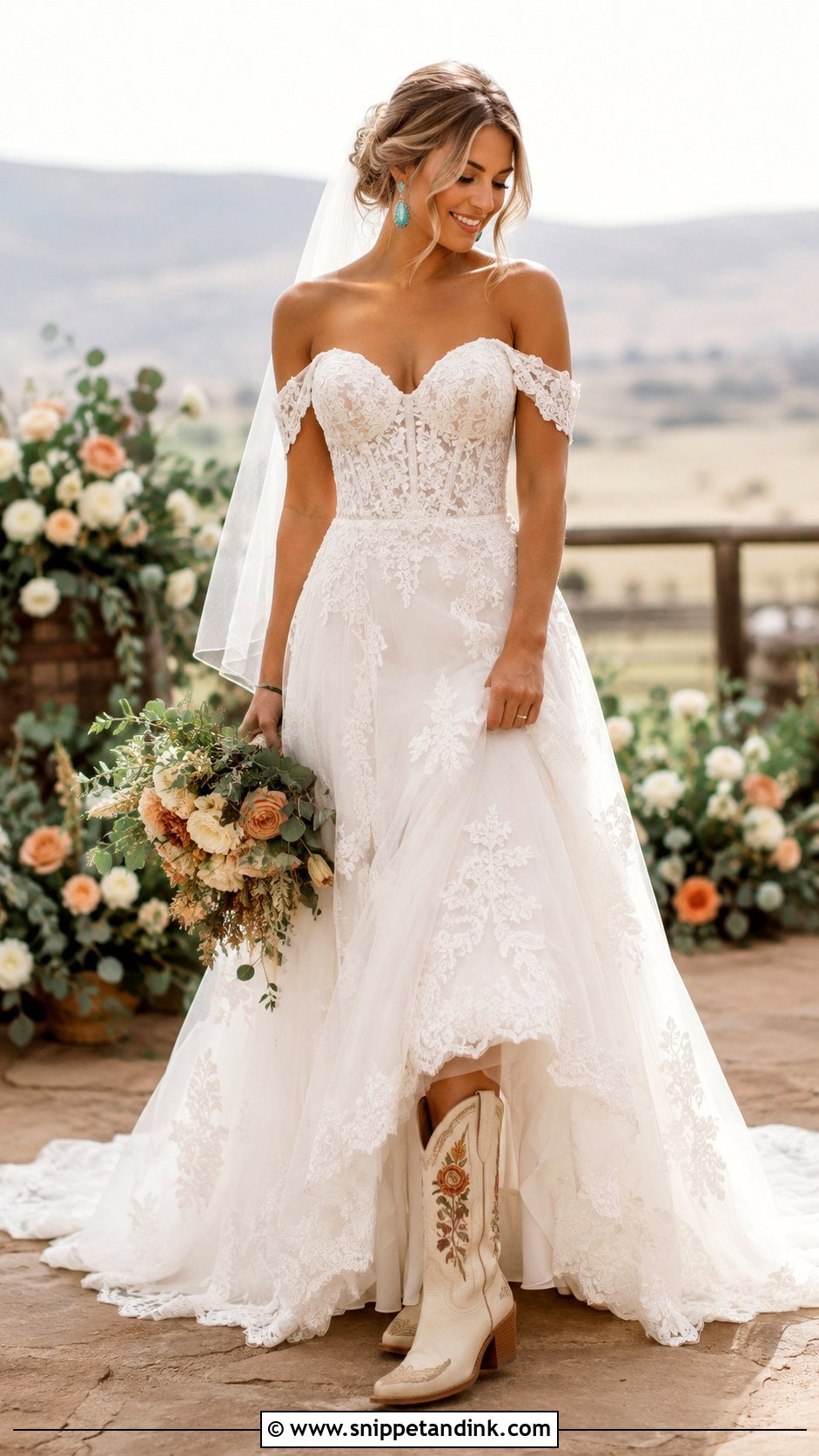 Off Shoulder Wedding Dress With Cowgirl Boots - Snippet and Ink - 20 Cowgirl Boots Wedding Dress Ideas