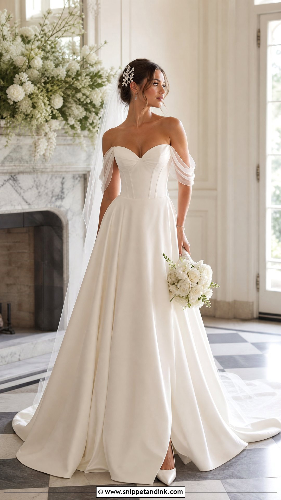 Off Shoulder Wedding Dress With Crystal Hair Comb - Snippet and Ink - 20 Top Wedding Dresses