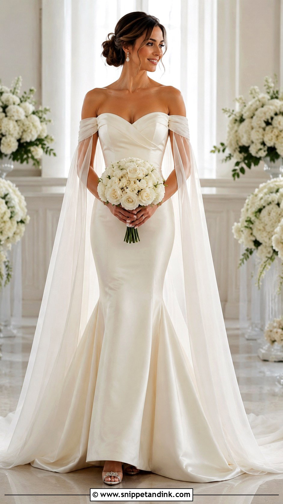 Off Shoulder Wedding Dress With Detachable Cape Sleeves - Snippet and Ink - 20 Detachable Cape Wedding Dress Ideas