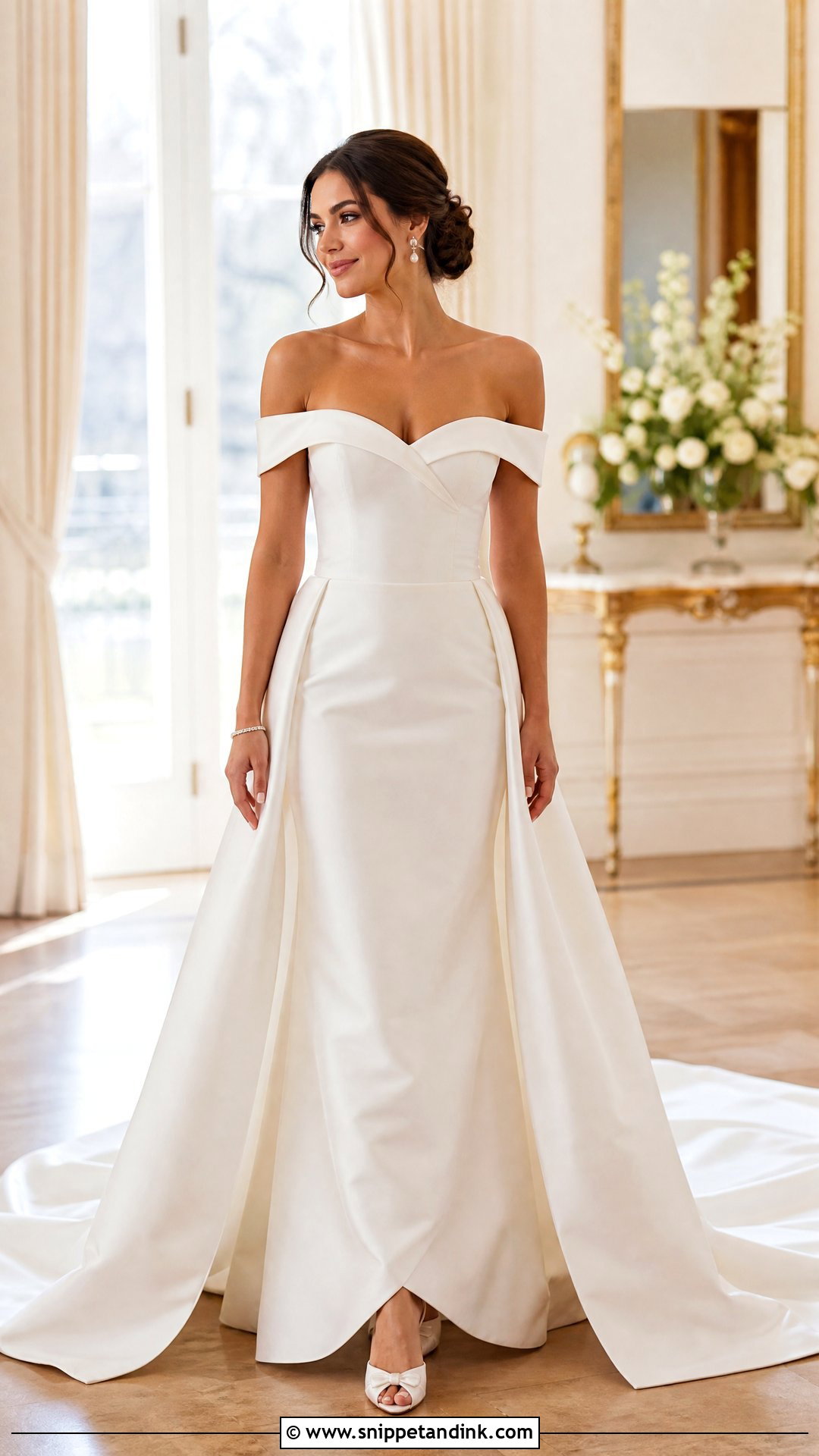 Off Shoulder Wedding Dress With Detachable Train - Snippet and Ink - 25 Detachable Train Wedding Dress Ideas