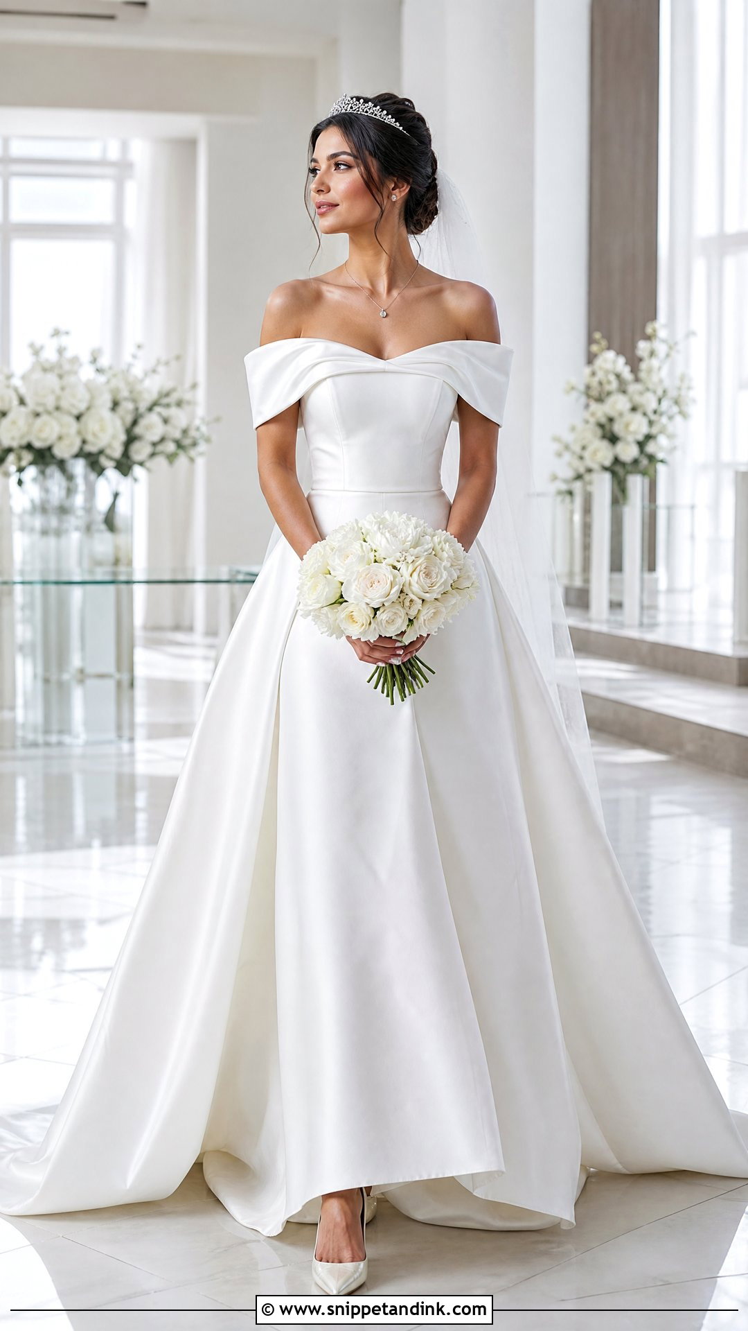 Off Shoulder Wedding Dress With Diamond Tiara - Snippet and Ink - 20 Wedding Dress with Crown Ideas