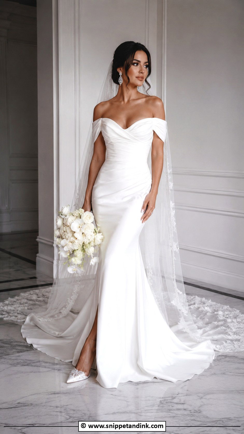Off Shoulder Wedding Dress With Dramatic Train - Snippet and Ink - 30 Extravagant Wedding Dresses