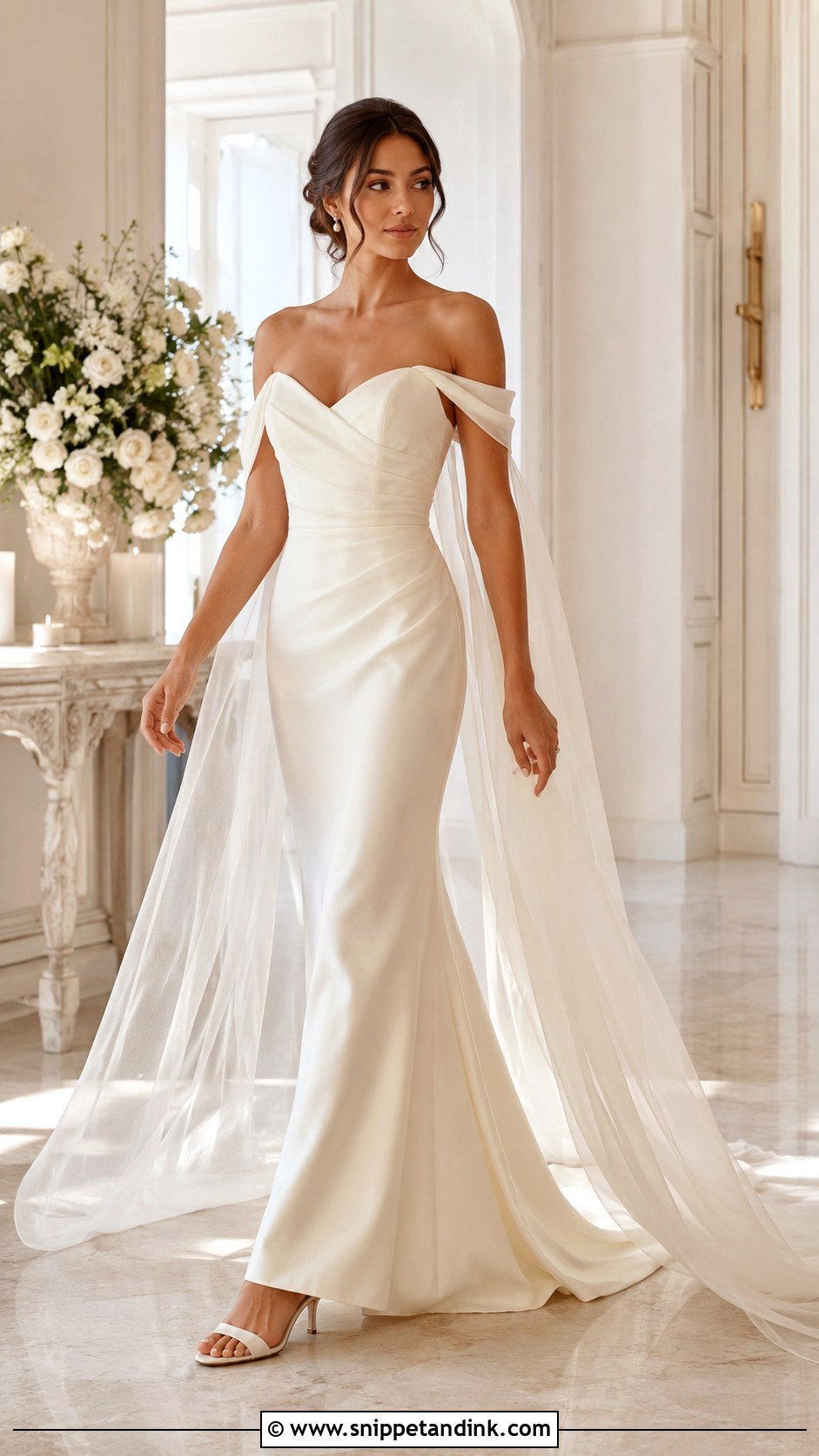 Off Shoulder Wedding Dress With Draped Scarf - Snippet and Ink - 30 Wedding Dress with Scarf Ideas