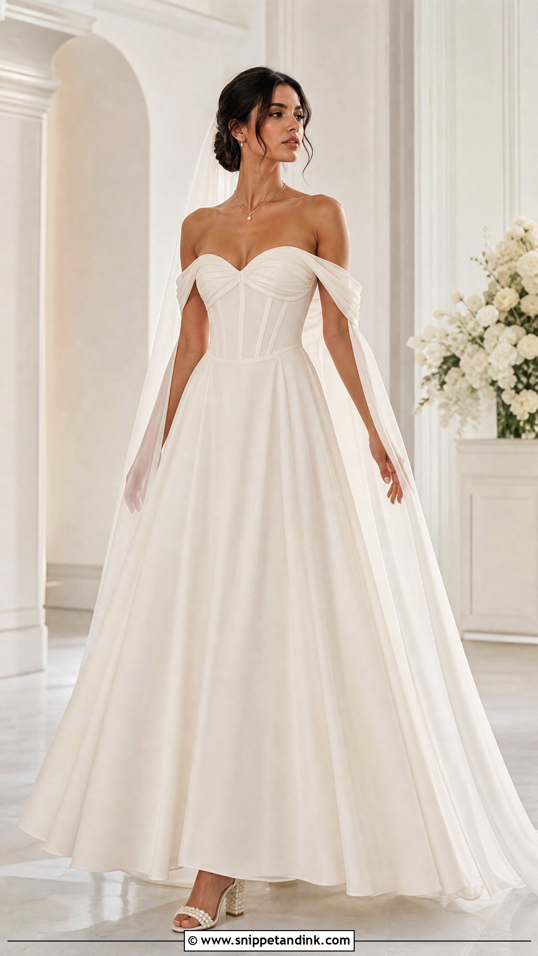 Off Shoulder Wedding Dress With Draped Sleeves - Snippet and Ink - 20 Wedding Dresses Flowy Sleeves