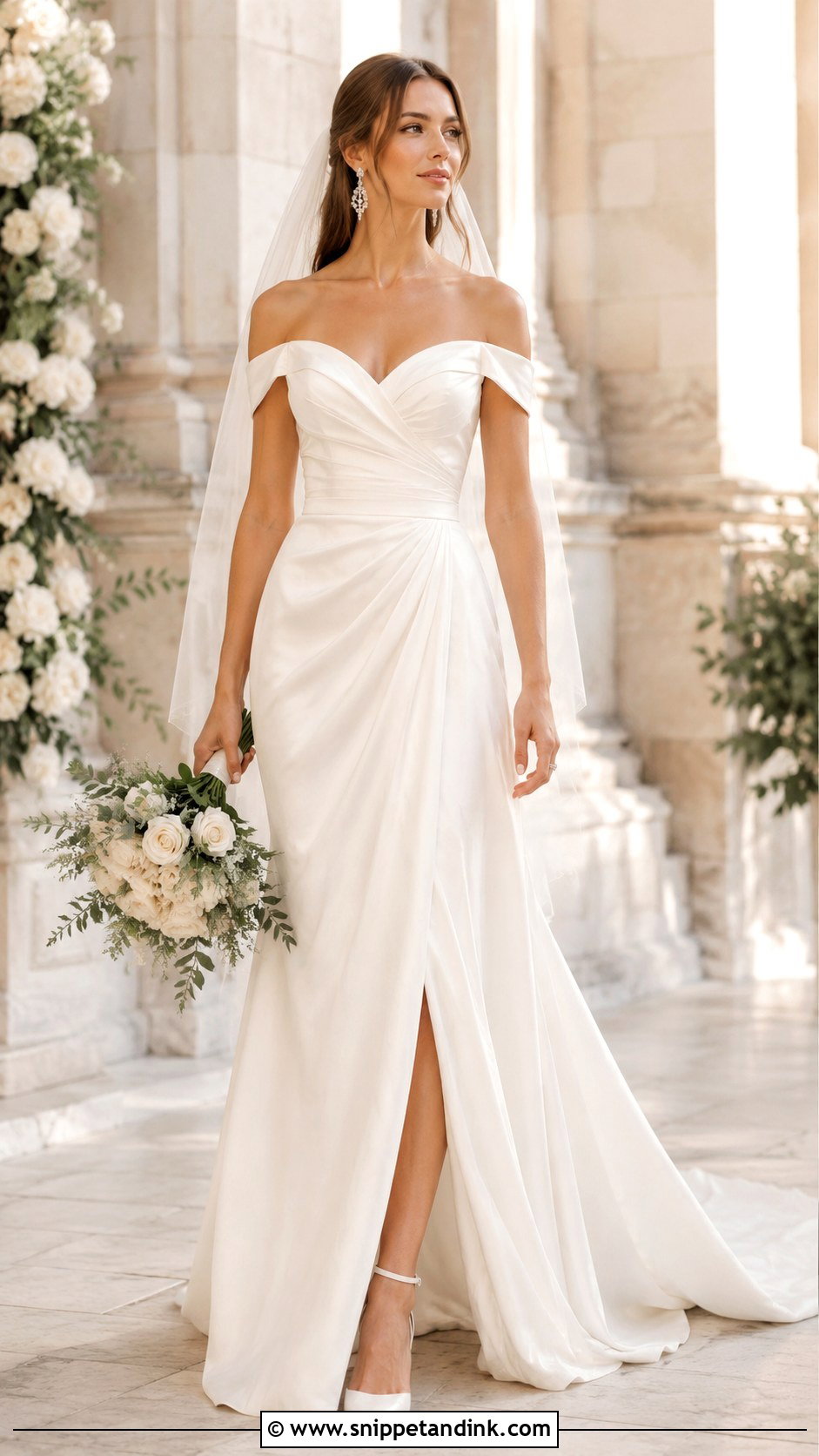 Off Shoulder Wedding Dress With Drop Earrings - Snippet and Ink - 25 Wedding Dress Style Ideas