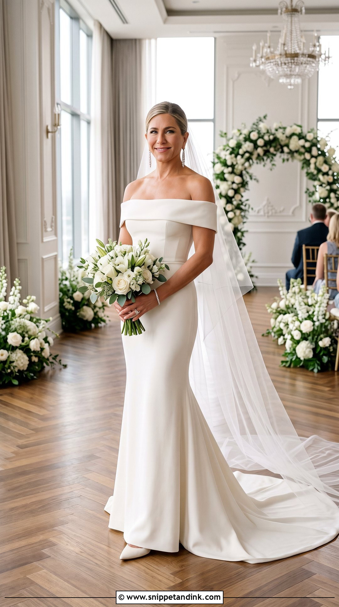 Off Shoulder Wedding Dress With Drop Earrings - Snippet and Ink - 20 Jennifer Aniston Wedding Dress Ideas