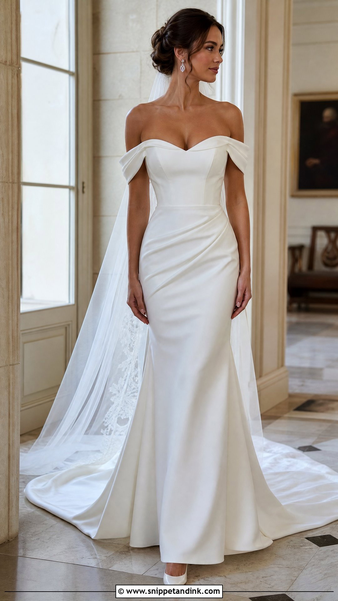Off Shoulder Wedding Dress With Drop Earrings - Snippet and Ink - 20 Online Wedding Dress Ideas