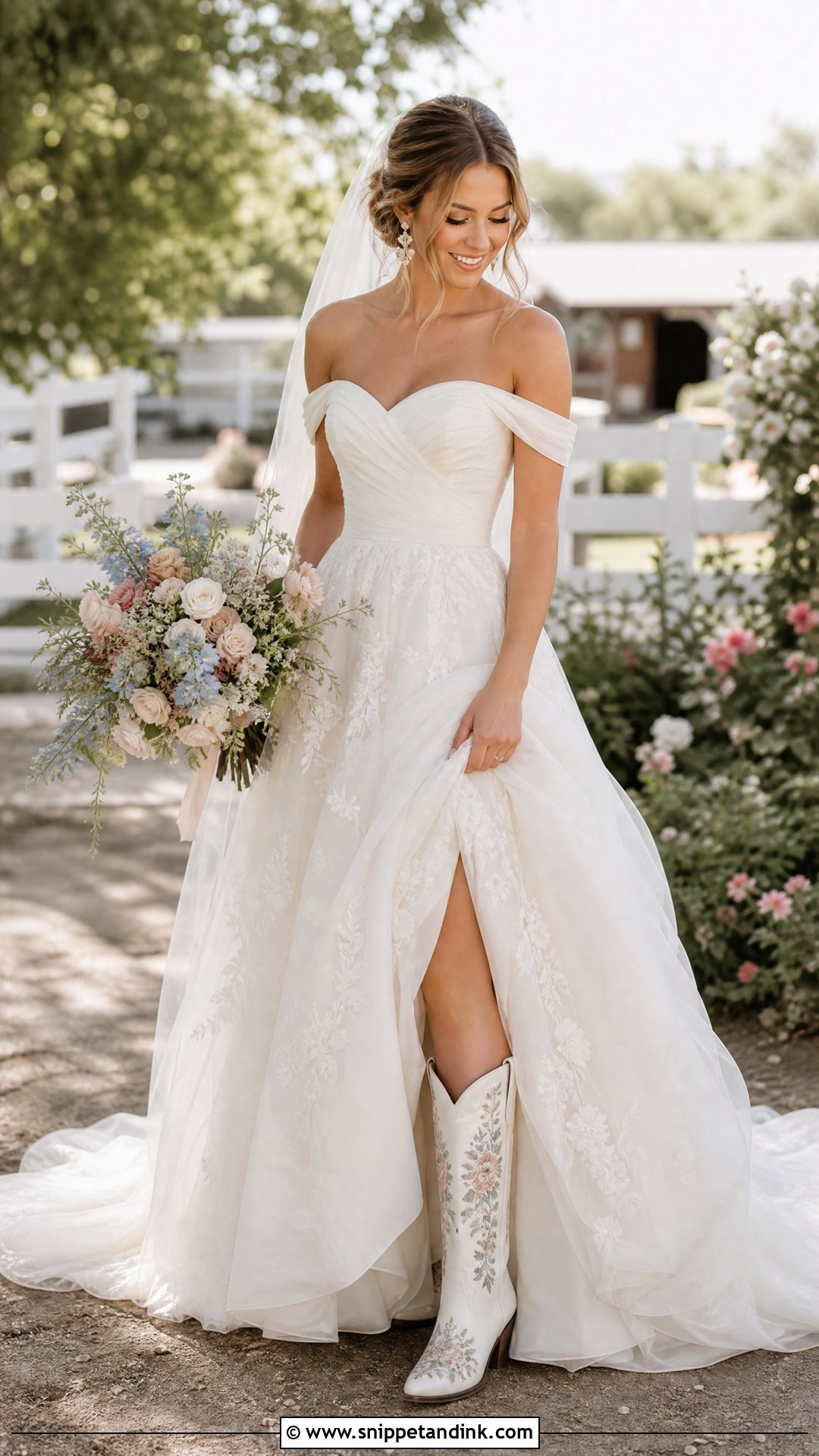 Off Shoulder Wedding Dress With Embroidered Cowboy Boots - Snippet and Ink - 20 Wedding Cowboy Boots for Bride Ideas