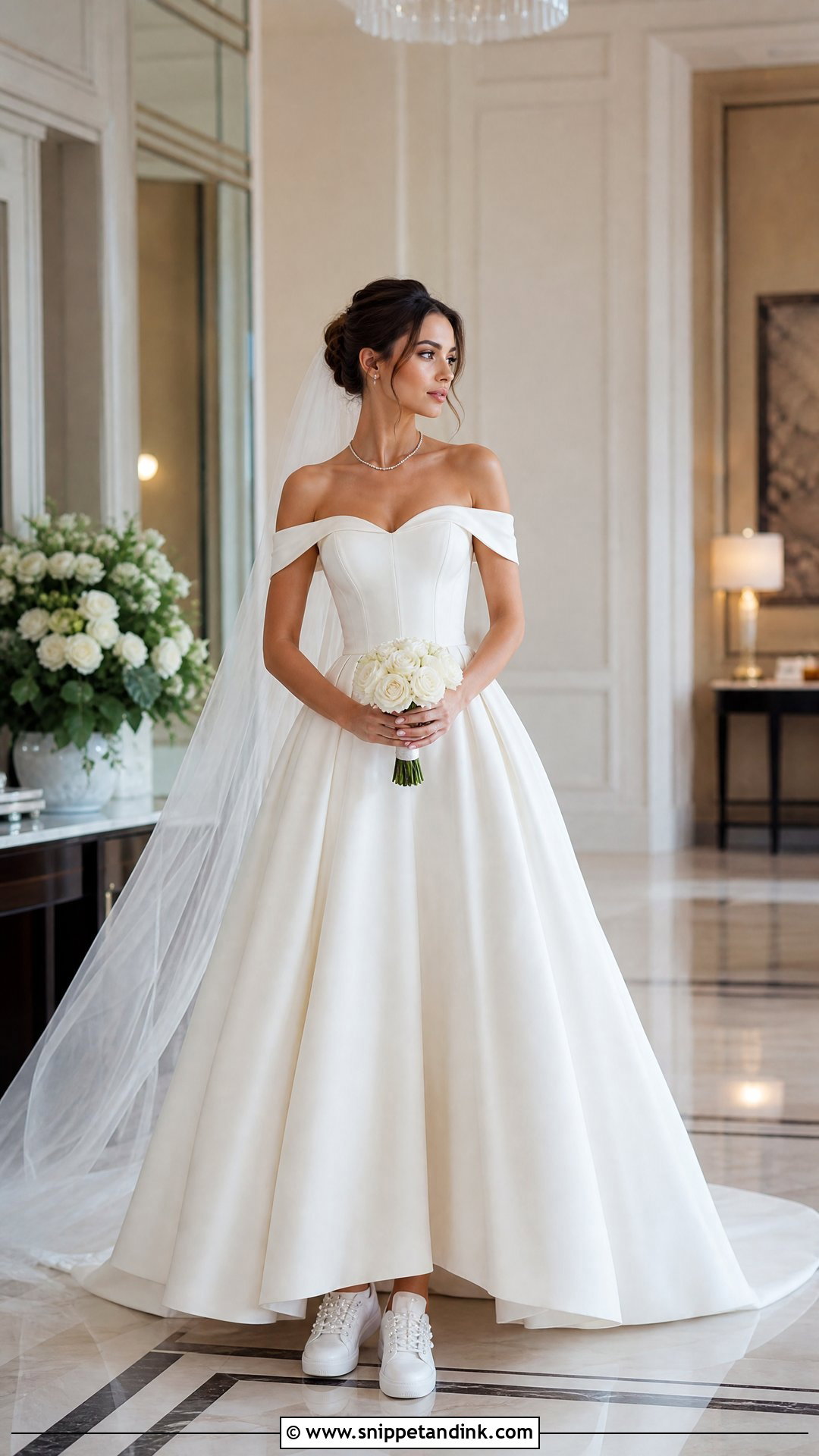 Off Shoulder Wedding Dress With Fashion Sneakers - Snippet and Ink - 20 Sport Wedding Dress Ideas