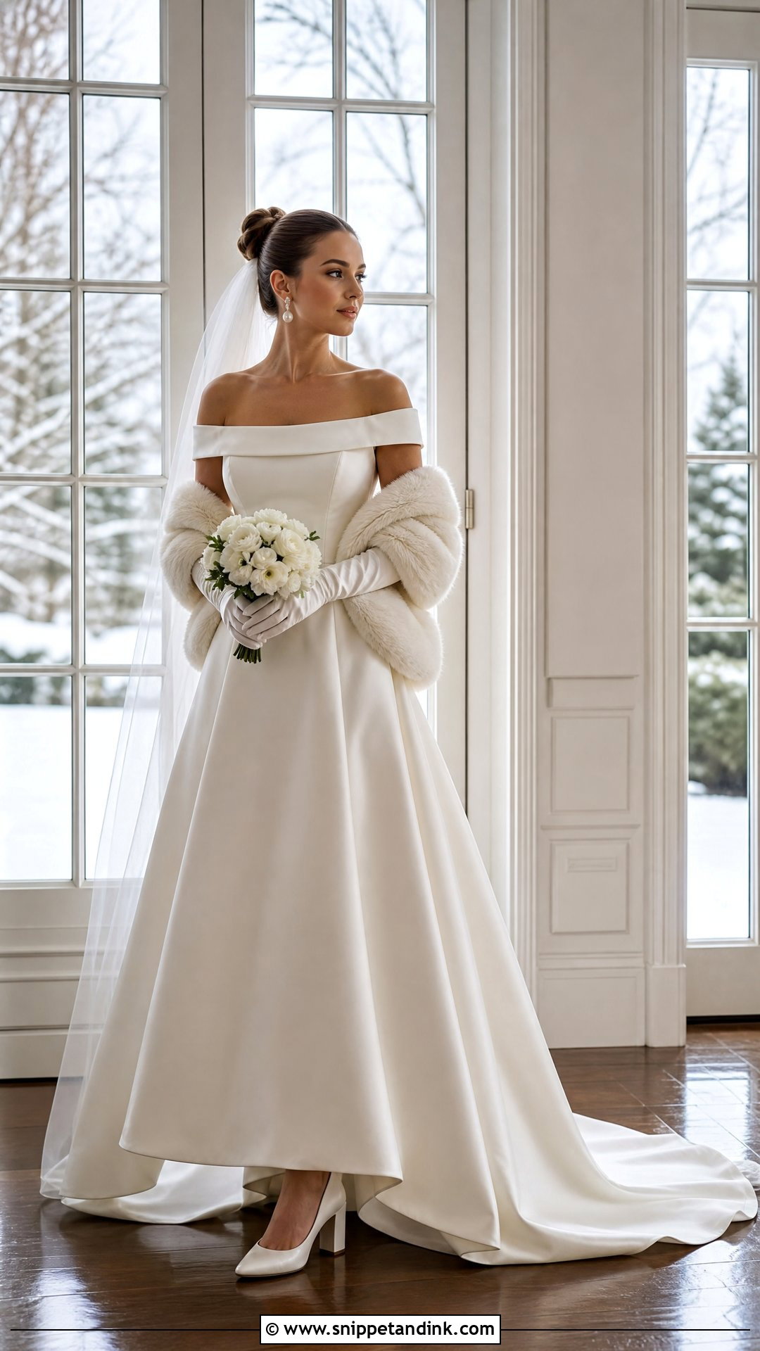 Off Shoulder Wedding Dress With Fur Wrap Coat - Snippet and Ink - 20 Wedding Dress with Fur Coat Ideas