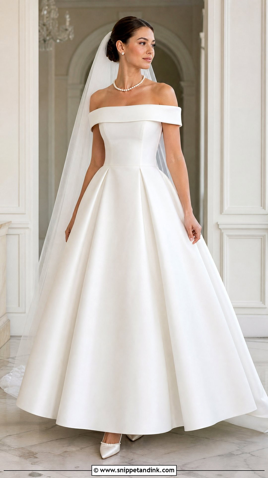 Off Shoulder Wedding Dress With Graduated Pearl Necklace - Snippet and Ink - 20 Pearl Necklace Wedding Dress Ideas