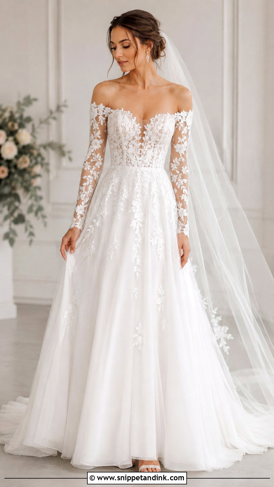 Off Shoulder Wedding Dress With Illusion Sleeves - Snippet and Ink - 25 Long Sleeve Off Shoulder Wedding Dress Ideas