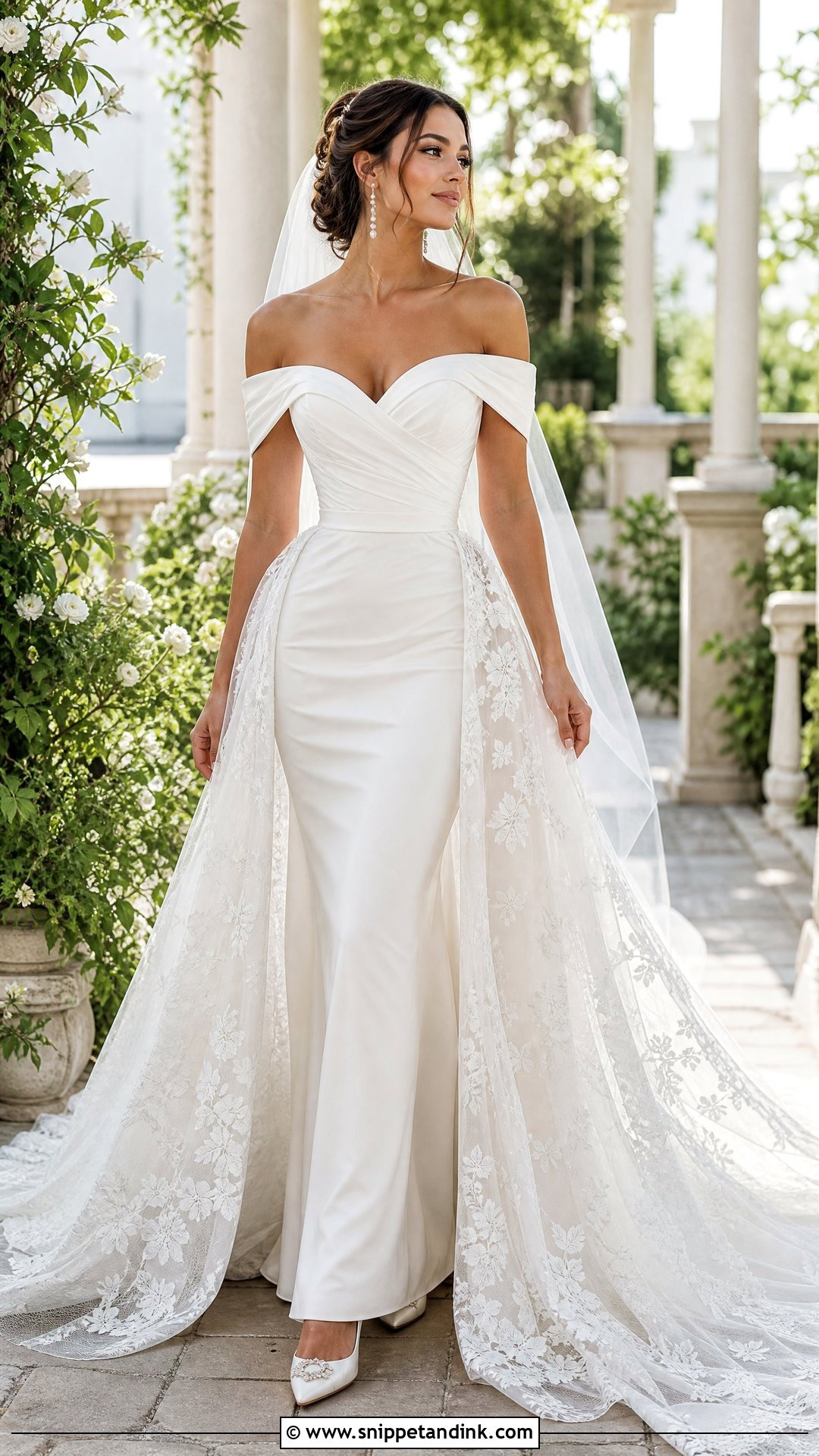 Off Shoulder Wedding Dress With Lace Overskirt - Snippet and Ink - 20 Removable Skirt Wedding Dress Ideas