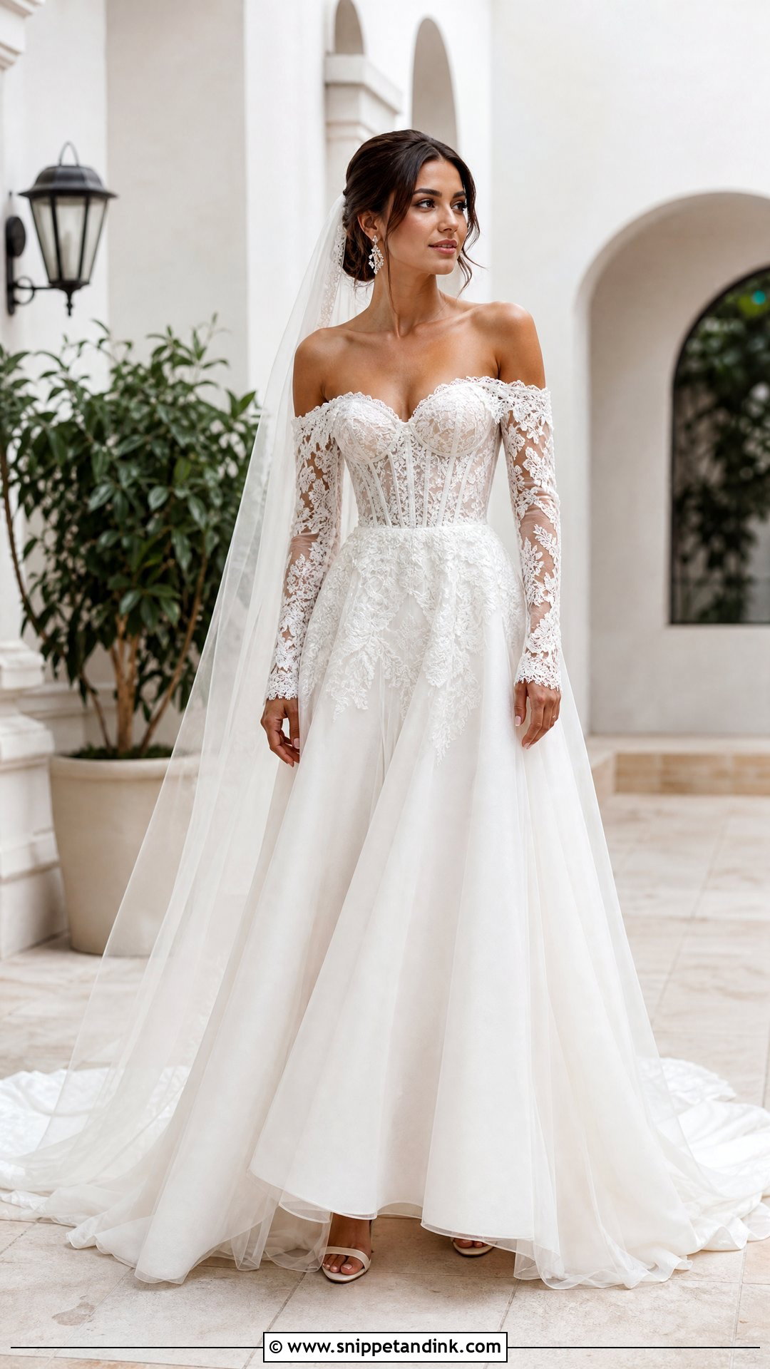 Off Shoulder Wedding Dress With Lace Sleeves - Snippet and Ink - 20 Wedding Dresses with Lace Sleeves