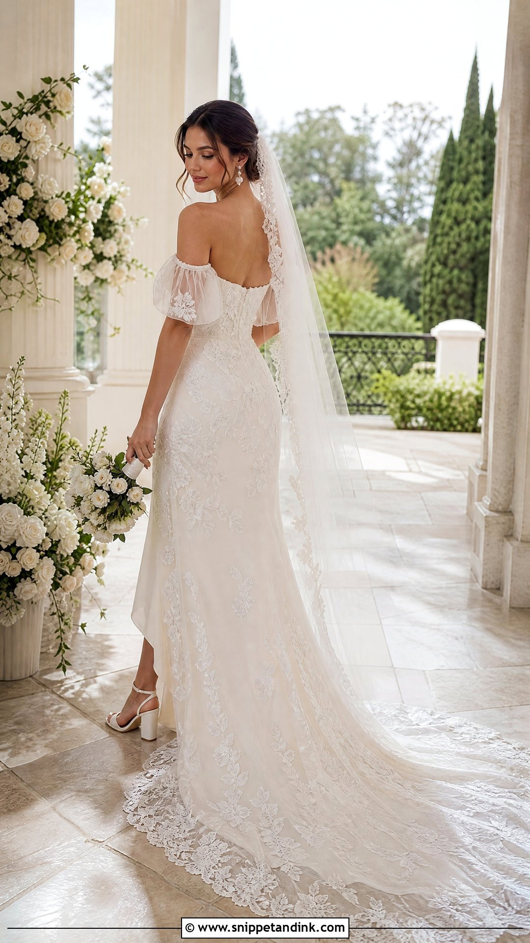 Off Shoulder Wedding Dress With Lace Train - Snippet and Ink - 25 Wedding Dress with Train Ideas
