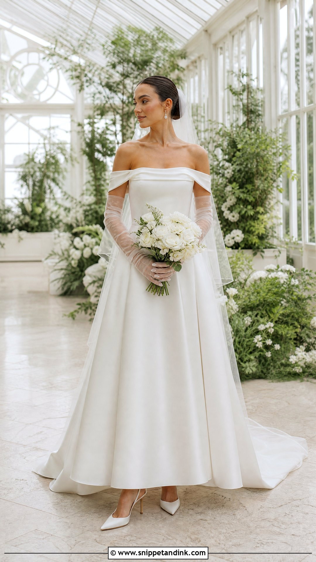 Off Shoulder Wedding Dress With Long Sheer Gloves - Snippet and Ink - 20 Wedding Dress with Long Gloves Ideas