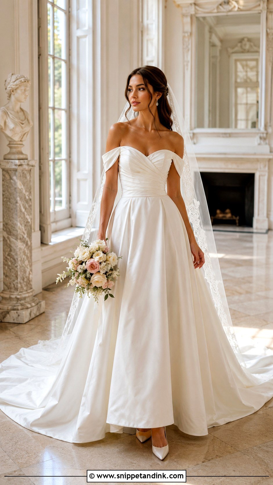 Off Shoulder Wedding Dress With Long Train - Snippet and Ink - 20 Long Tail Wedding Dress Ideas