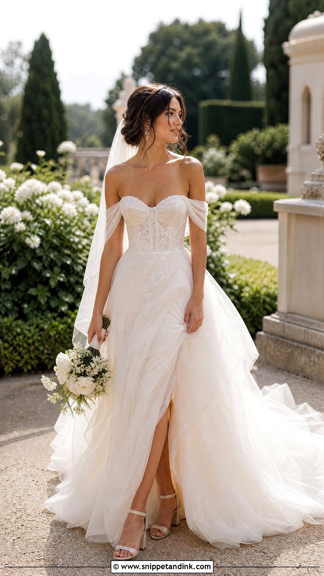 Off Shoulder Wedding Dress With Long Tulle Train - Snippet and Ink - 20 Wedding Dresses with Long Trains