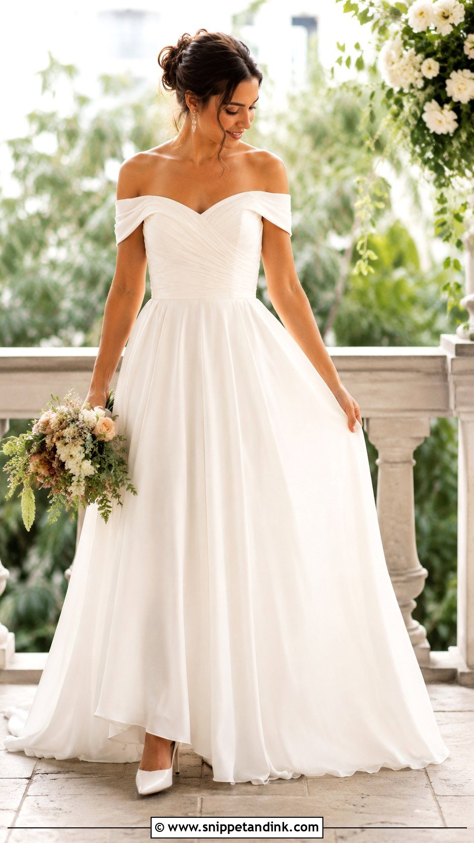 Off Shoulder Wedding Dress With Low Heels - Snippet and Ink - 25 Small Wedding Dress Ideas