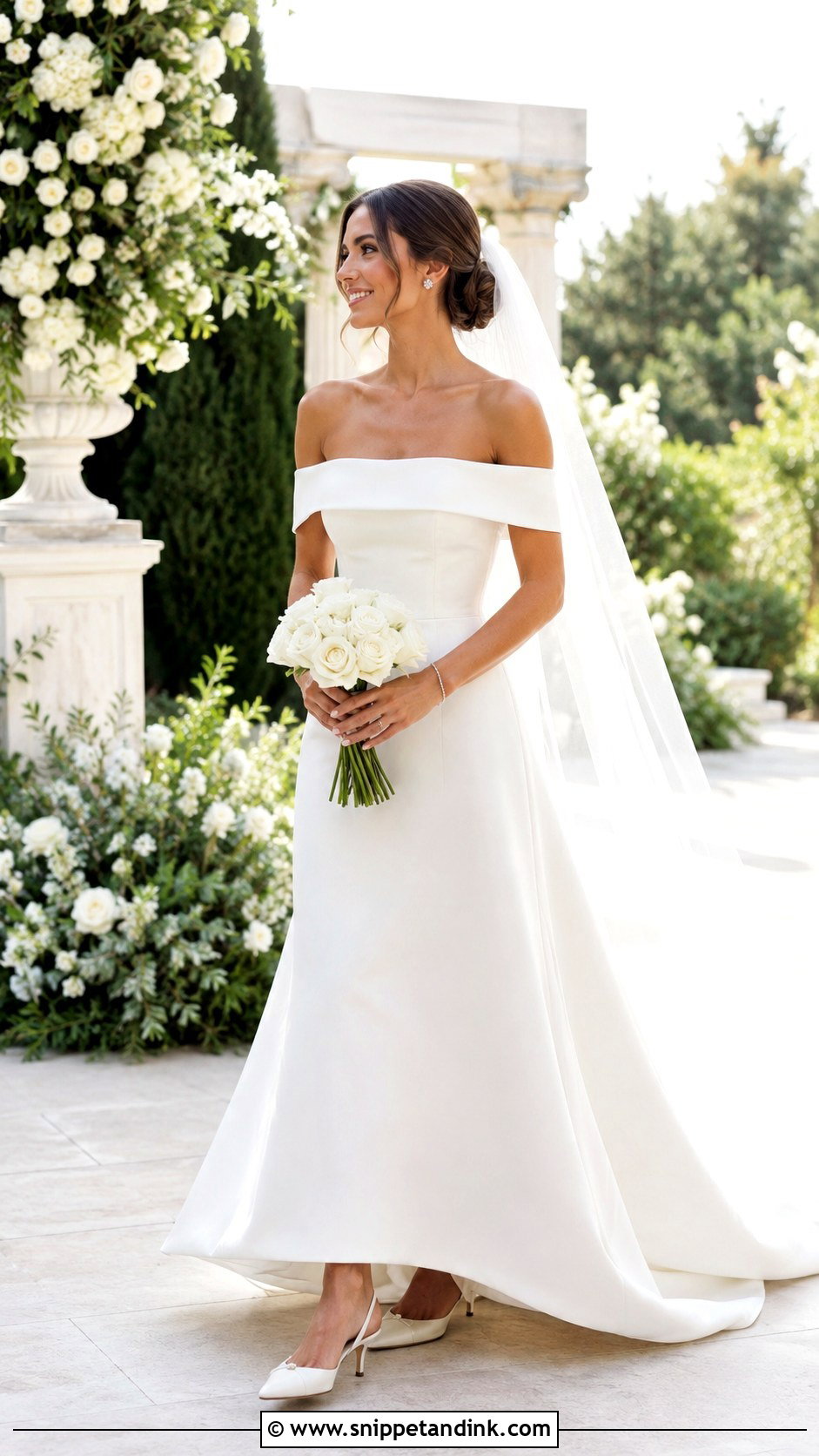 Off Shoulder Wedding Dress With Low Heels - Snippet and Ink - 20 Very Simple Wedding Dress Ideas
