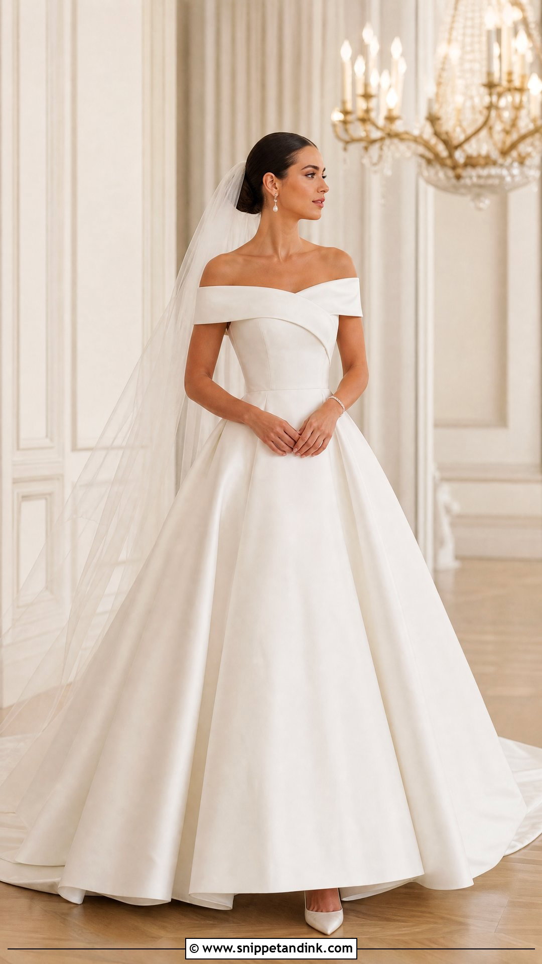 Off Shoulder Wedding Dress With Pearl Accessories - Snippet and Ink - 20 Most Expensive Wedding Dress Ideas