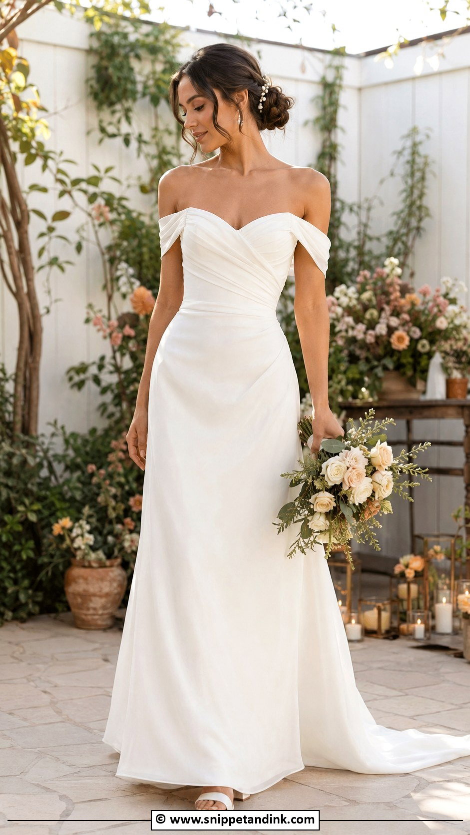 Off Shoulder Wedding Dress With Pearl Accessories - Snippet and Ink - 30 Backyard Wedding Dress Ideas
