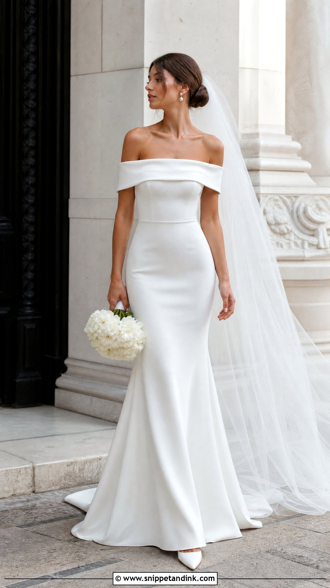Off Shoulder Wedding Dress With Pointed Pumps - Snippet and Ink - 20 Sleek Wedding Dresses