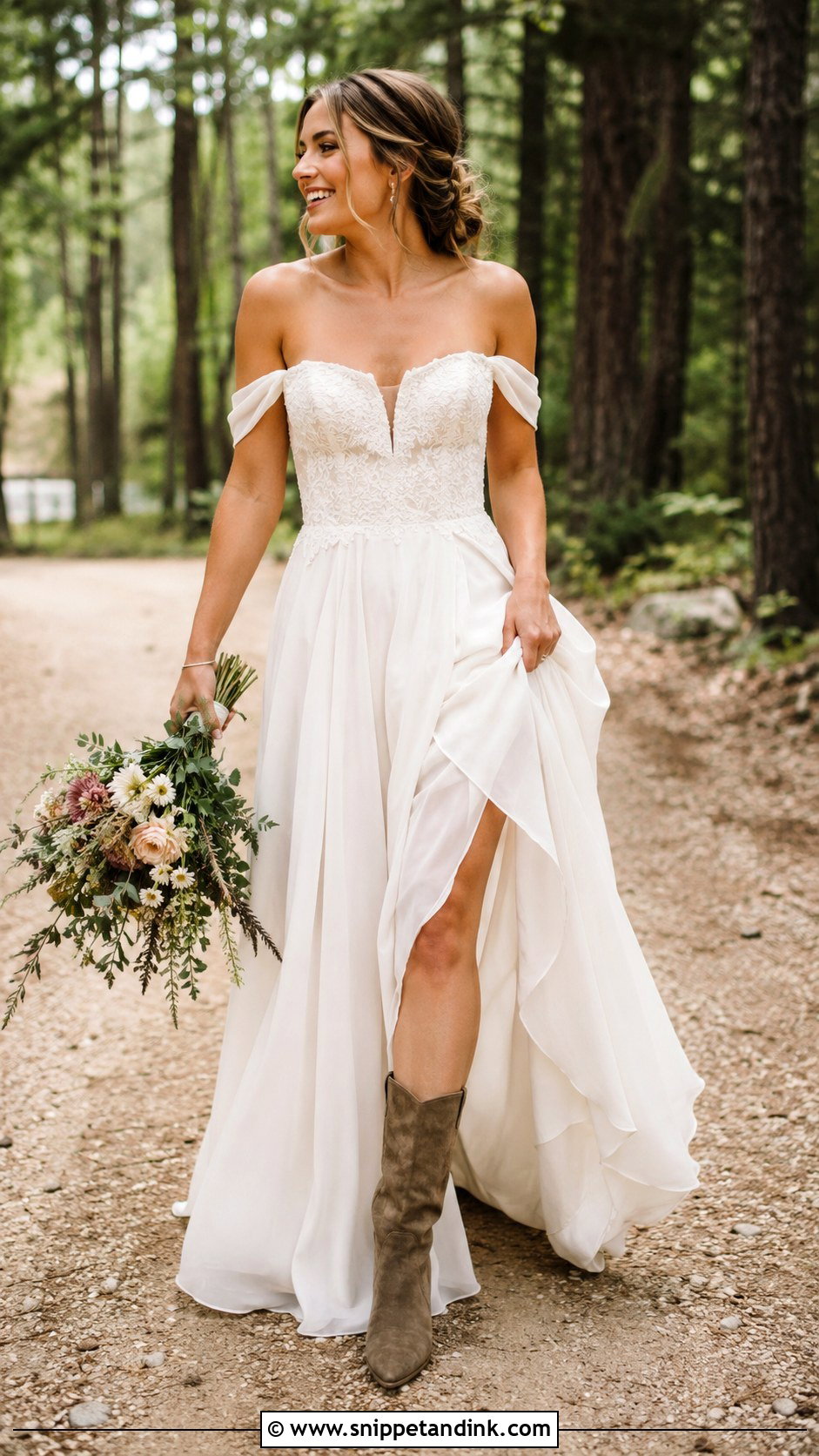 Off Shoulder Wedding Dress With Rustic Boots - Snippet and Ink - 25 Woodsy Wedding Dress Ideas