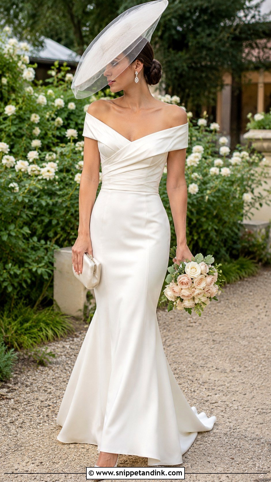 Off Shoulder Wedding Dress With Saucer Hat - Snippet and Ink - 20 Wedding Dress with Hat Ideas
