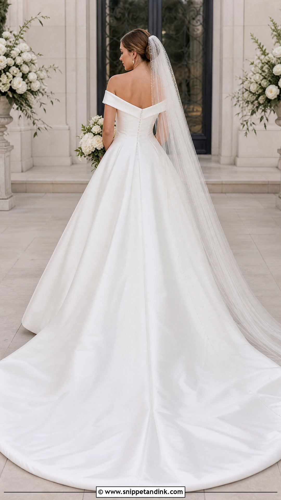 Off Shoulder Wedding Dress With Semi Cathedral Train - Snippet and Ink - 20 Wedding Dress Train Lengths Ideas