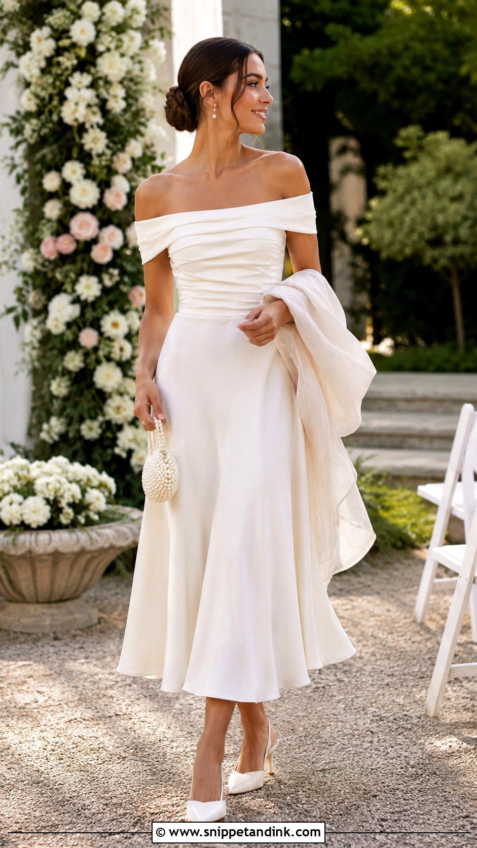 Off Shoulder Wedding Dress With Slingback Heels - Snippet and Ink - 20 Casual Informal Wedding Dress Ideas