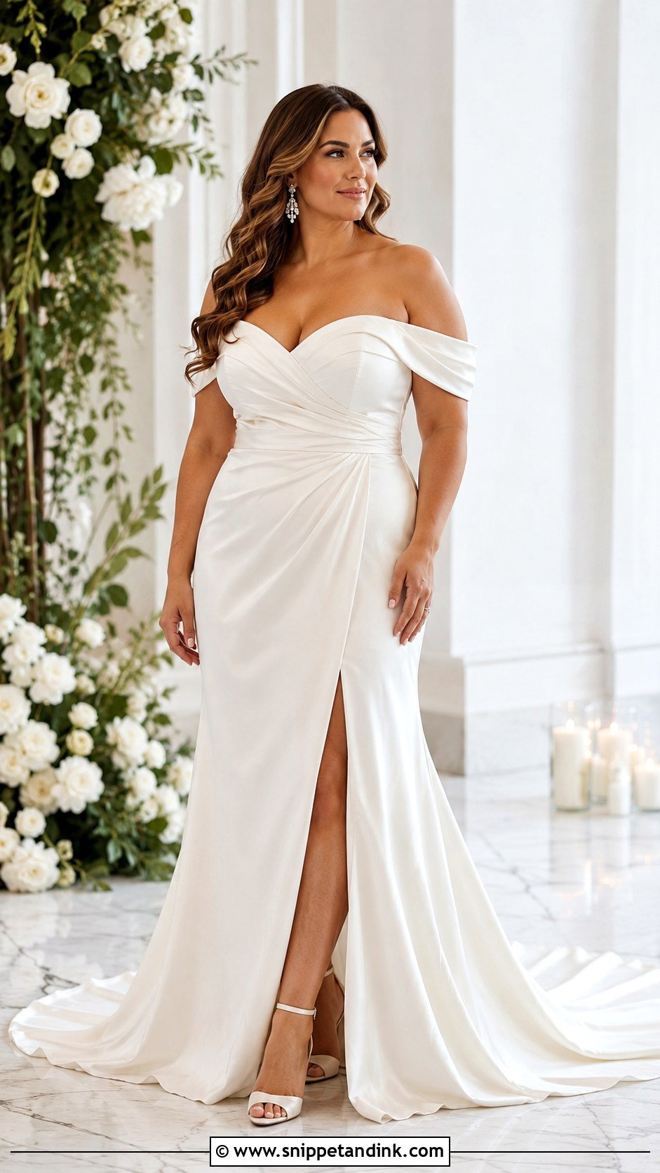Off Shoulder Wedding Dress With Soft Curls - Snippet and Ink - 30 Midsize Wedding Dress Ideas