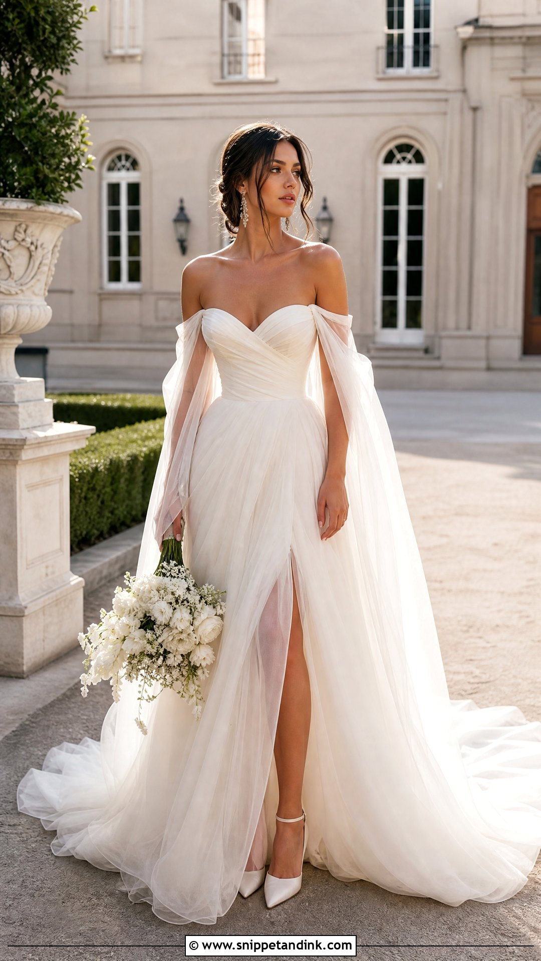Off Shoulder Wedding Dress With Tulle Cape Sleeves - Snippet and Ink - 20 Wedding Dress with Cape Sleeves