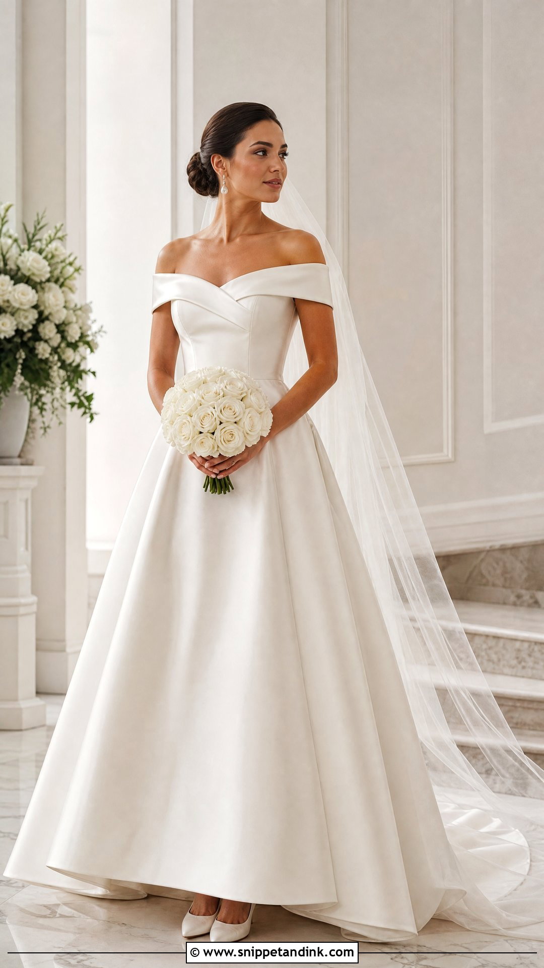 Off Shoulder Wedding Dress With Tulle Veil - Snippet and Ink - 20 Simple Traditional Wedding Dress Ideas