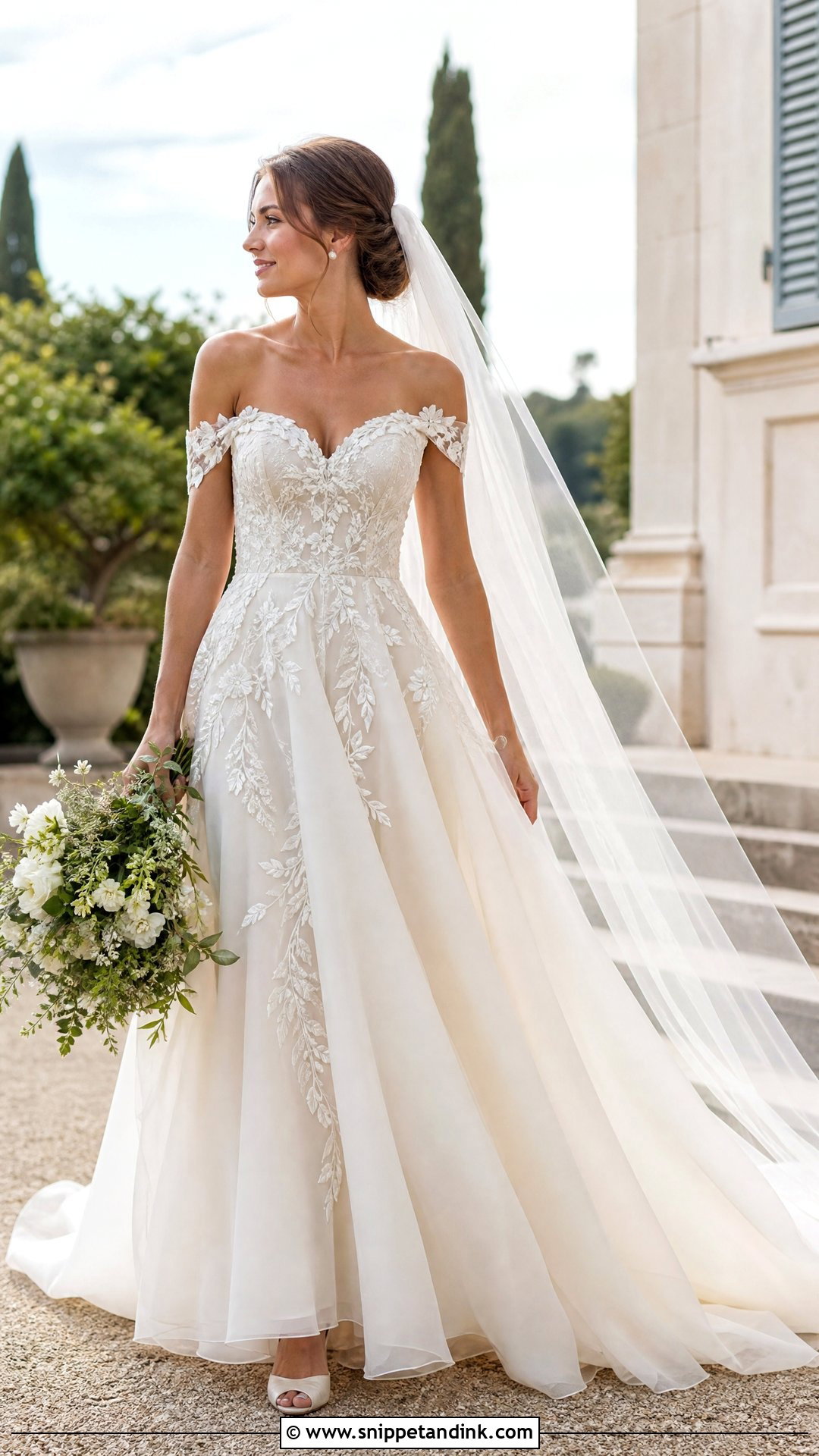Off Shoulder Wedding Dress with Flower Embroidery - Snippet and Ink - 20 Wedding Dress with Flower Embroidery Ideas