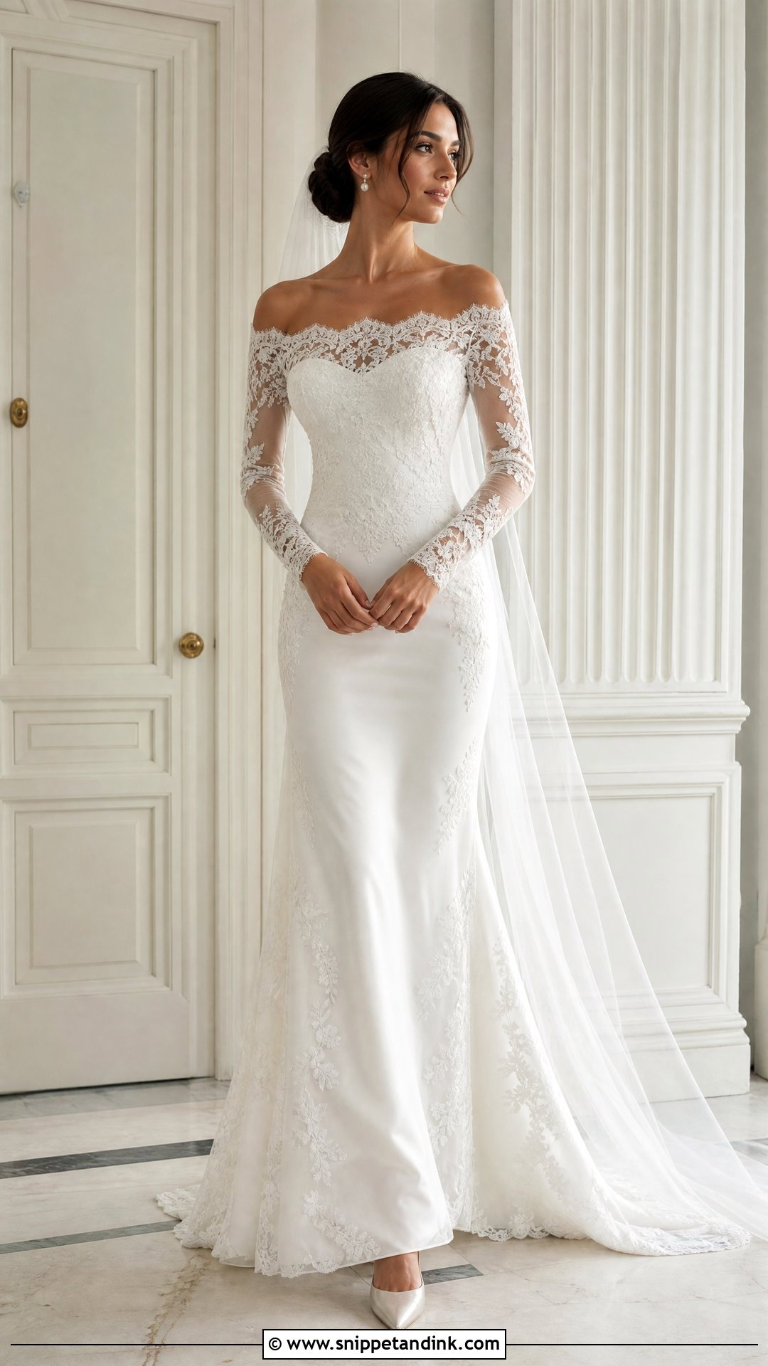 Off Shoulder Wedding Dress with Mesh Sleeves - Snippet and Ink - 20 Wedding Dress with Mesh Sleeves