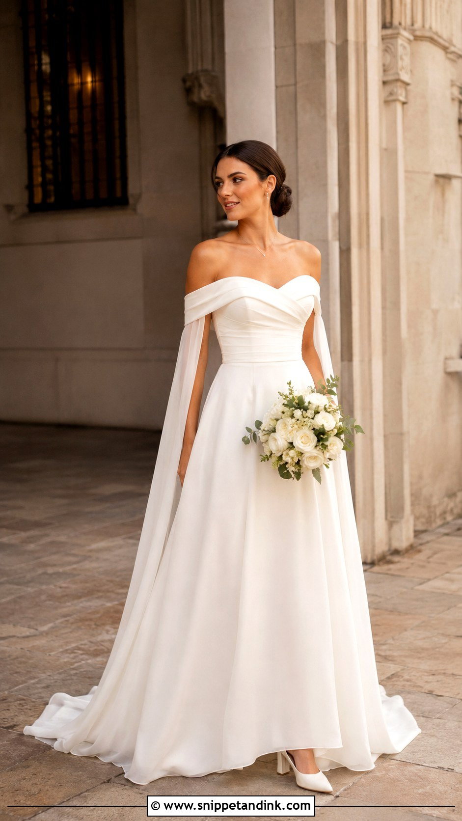 Off Shoulder Wedding Gown With Draped Cape - Snippet and Ink - 20 Wedding Gown with Cape Ideas