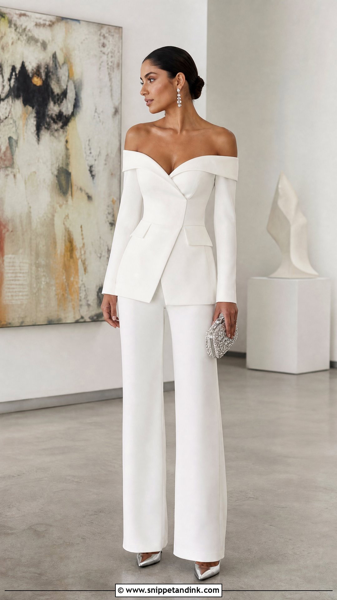 Off Shoulder Wedding Suit With Crystal Accessories - Snippet and Ink - 20 Wedding Suites Ideas